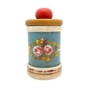 Vintage Hand Turned  Wood Canister with Hand-painted Still Life Flowers